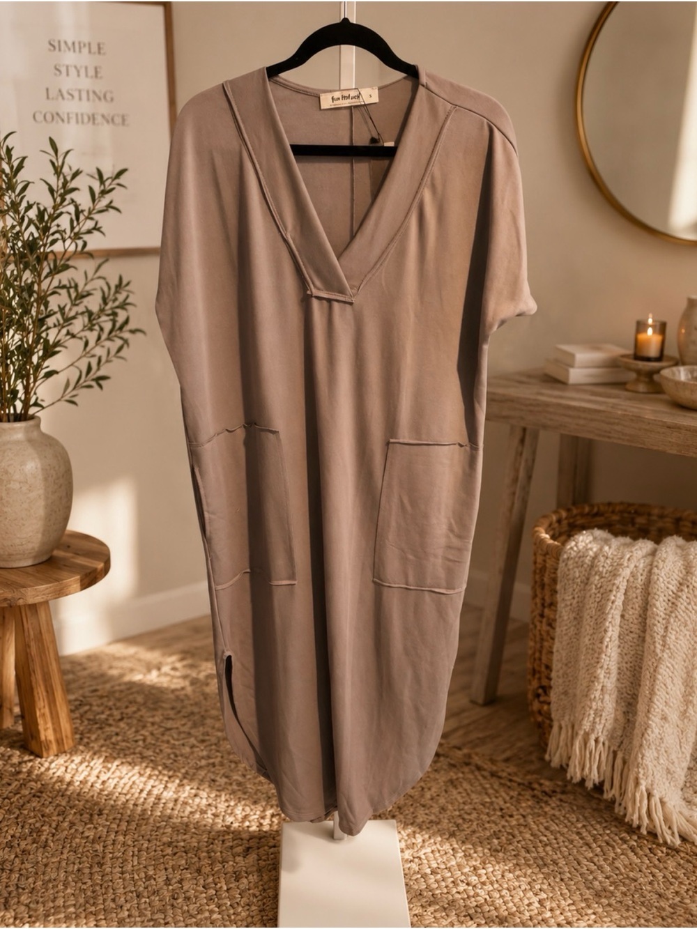 Three Bird Nest taupe V-neck maxi dress  Pocket Shift Dress Sz S P2P 27’ -NWT